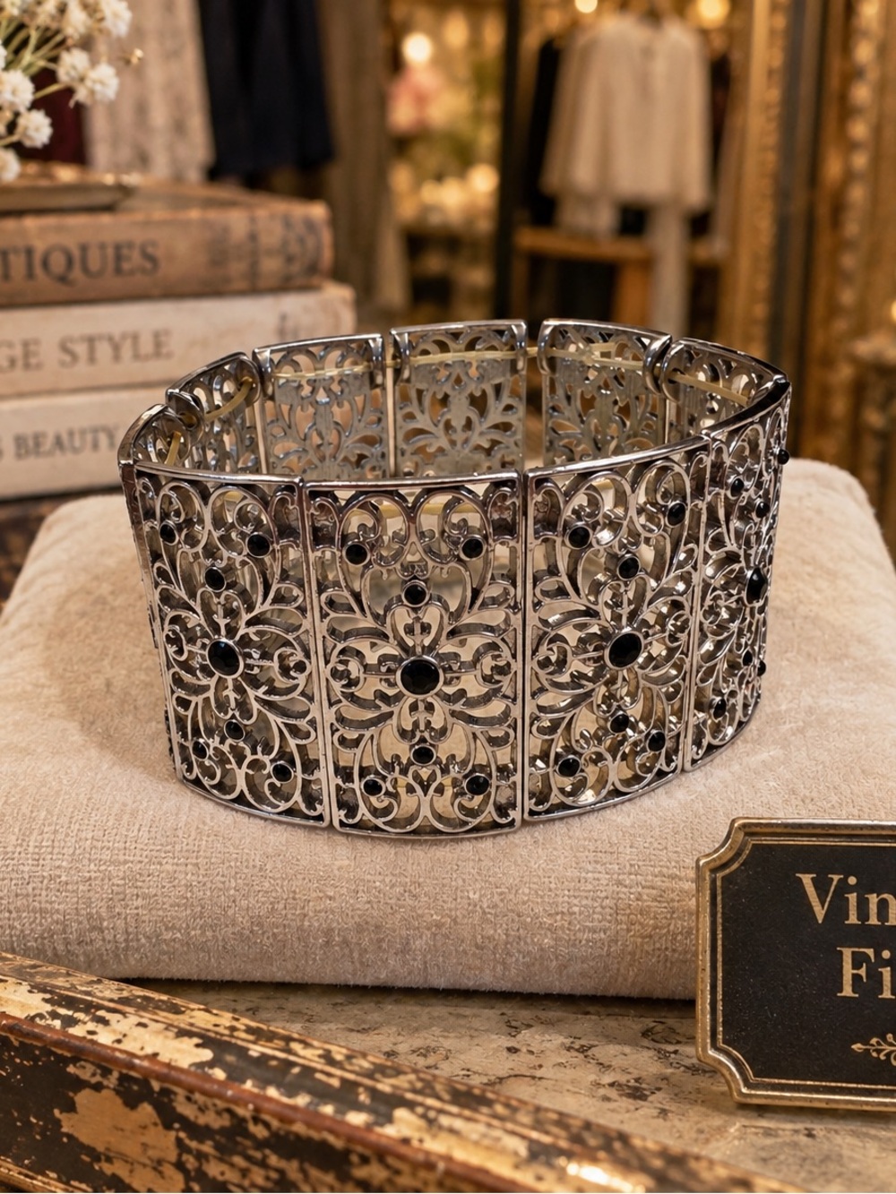 Filigree Silver Bracelet with Black Accents